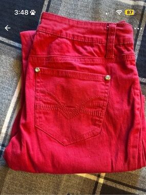 Straight Leg Women's Red Jeans with Decorative Back Pocket